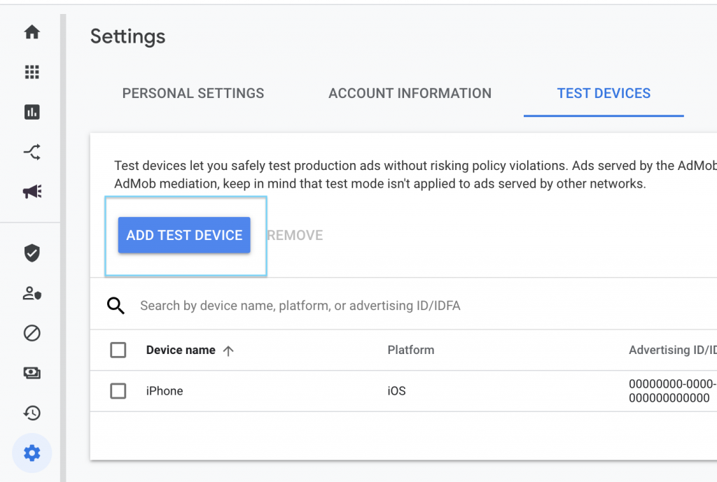 Admob Settings Test Devices