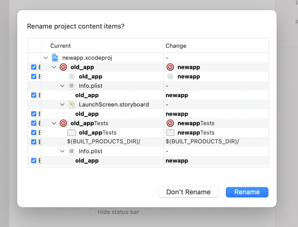 xcode app rename dialog